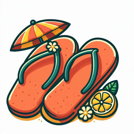 Vector illustration of flip flops with umbrella and lemon on white background.のイラスト素材