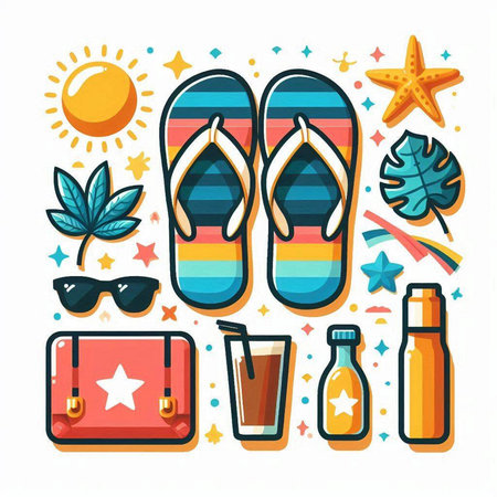 Summer flat icons set with flip flops, sunglasses, seashells, starfish, sunscreen, cocktail and palm leaves. Vector illustration.のイラスト素材