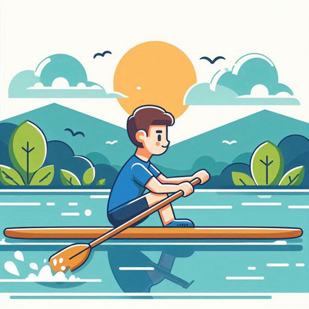 Boy rowing on the river. Vector illustration in cartoon style.のイラスト素材