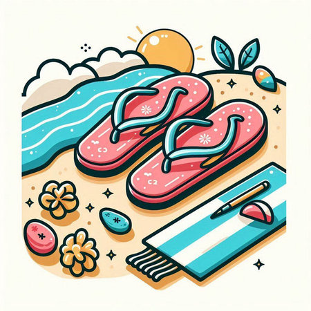 Vector illustration of flip flops on the beach in flat style.のイラスト素材