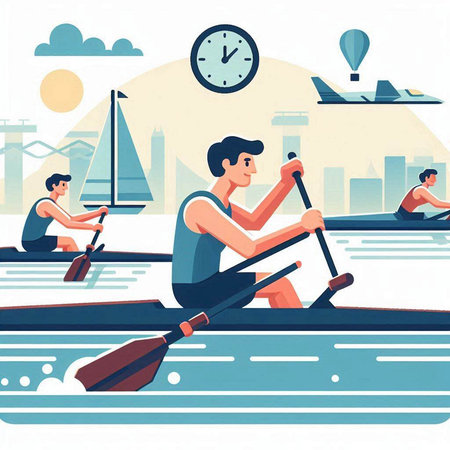 Group of people rowing in the city. Flat vector illustration.のイラスト素材