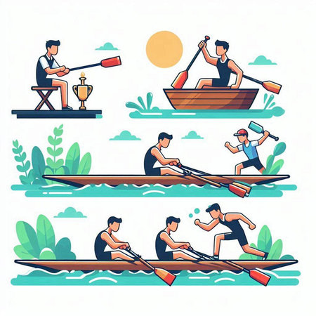 Group of people rowing in boat. Flat design vector illustration.のイラスト素材