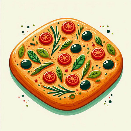 Illustration of a slice of pizza with tomato, olives and herbsのイラスト素材