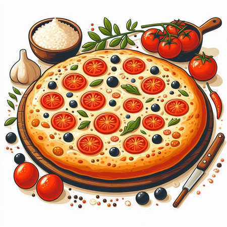 Pizza with tomatoes, olives and cheese. Vector illustration.のイラスト素材