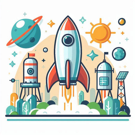 Vector illustration of rocket launch in space. Flat style design for web, site, advertising, banner, poster, board and print.のイラスト素材