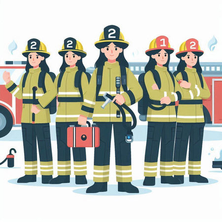 Firefighters standing in front of fire engine. Vector illustration in flat styleのイラスト素材