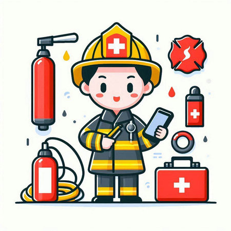Illustration of a firefighter holding a smartphone and a first aid kitのイラスト素材