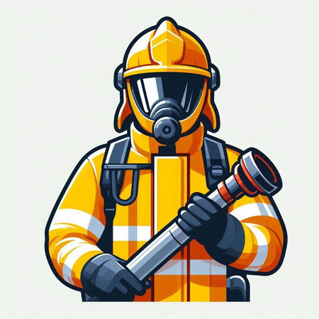 Firefighter with gas mask and helmet. Vector illustration in cartoon style.のイラスト素材