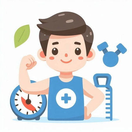 Boy with clock and dumbbell, healthy lifestyle concept, vector illustrationのイラスト素材