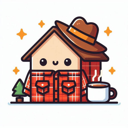 Cute cartoon house with a cup of coffee. Vector illustration.のイラスト素材