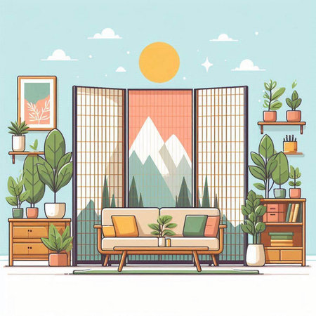 Living room interior with furniture and plants. Vector illustration in flat styleのイラスト素材