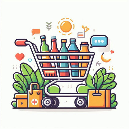 Shopping cart filled with bottles of wine and shopping bags. Vector illustrationのイラスト素材