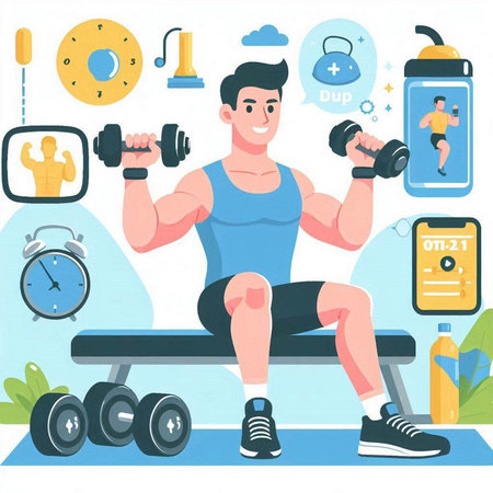 Fitness gym concept. Vector illustration in flat cartoon style. Man doing exercises with dumbbells.のイラスト素材