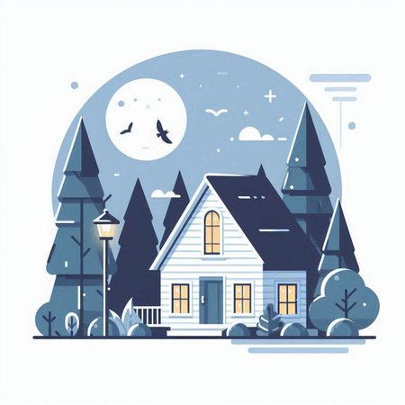 Vector illustration of winter landscape. House in the forest. Winter background.のイラスト素材