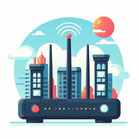Vector illustration of internet of things concept in flat style. Smart city with wireless router.のイラスト素材