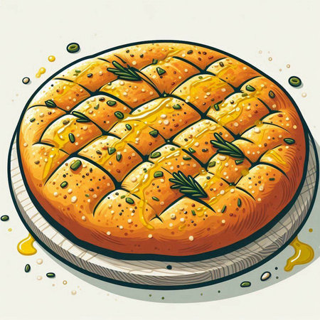 Illustration of a round bread with rosemary and sesame seedsのイラスト素材