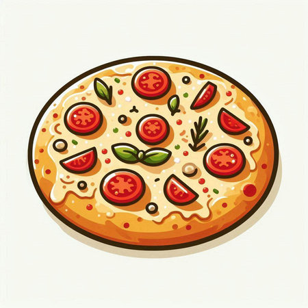 Pizza with tomato, mozzarella and basil. Vector illustration.のイラスト素材