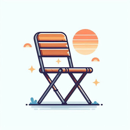 Wooden deck chair on the background of the setting sun. Vector illustration.のイラスト素材