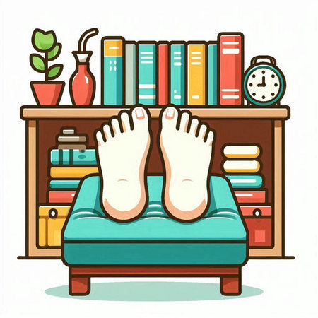 Illustration of the feet of a man lying on a sofa in front of a bookcaseのイラスト素材