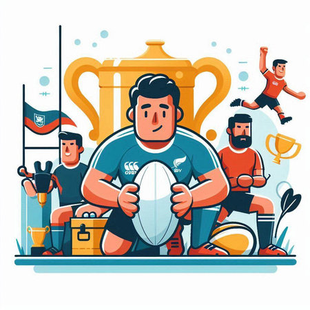 Rugby player with ball and trophy. Flat style vector illustration.のイラスト素材