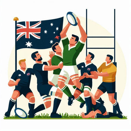 Australia rugby team players vector illustration. National team players in action with ball.のイラスト素材