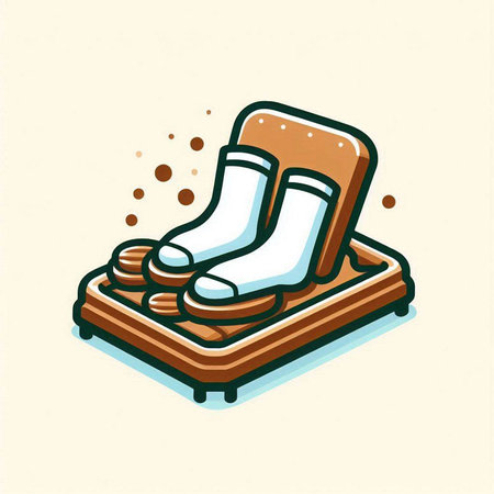 Pair of rubber boots on a wooden platform. Vector illustration.のイラスト素材