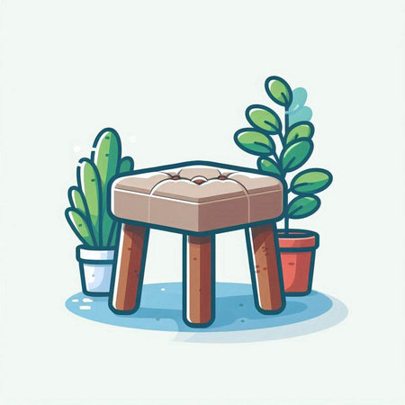 Illustration of a stool and potted plants on a white backgroundのイラスト素材