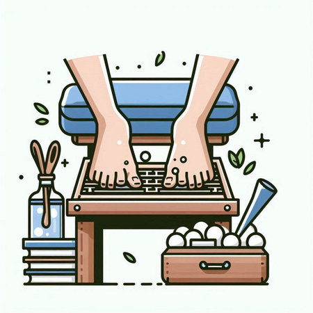 Illustration of the feet of a man sitting at a table with a laptopのイラスト素材