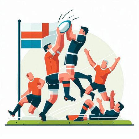 Rugby players in action on the field. Vector illustration.のイラスト素材