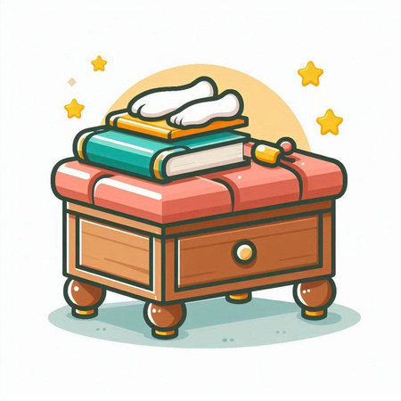 Illustration of a wooden chest of drawers with books and towelsのイラスト素材