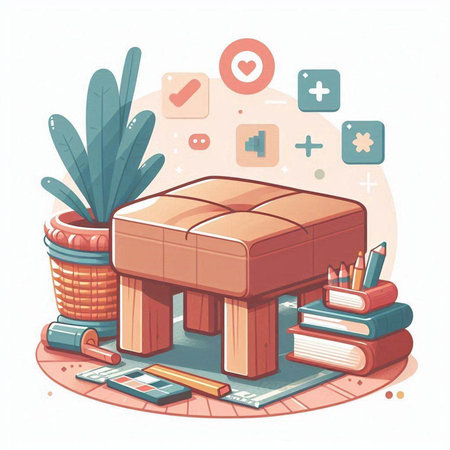 Vector illustration of a cozy living room with a sofa, books, potted plants and mobile phone.のイラスト素材