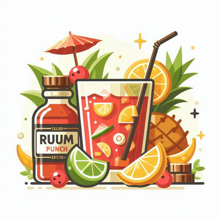 Cocktail with rum, orange juice, ice cubes, lemon and straw. Vector illustrationのイラスト素材
