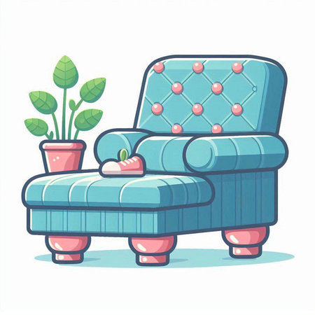 Comfortable armchair with pillows and plant. Vector illustration.のイラスト素材