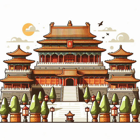 Ancient Chinese temple in China. Vector illustration of a Chinese building.のイラスト素材