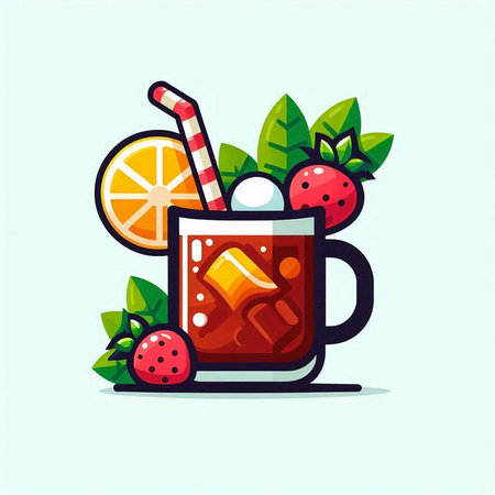 Cocktail drink with ice, lemon and strawberry. Vector illustration.のイラスト素材