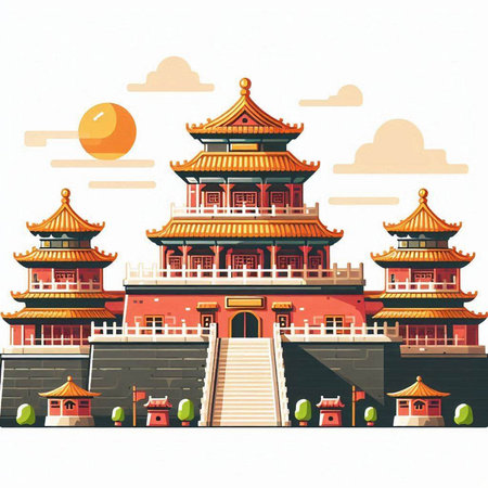 Chinese ancient buildings on white background. Vector illustration in cartoon style.のイラスト素材