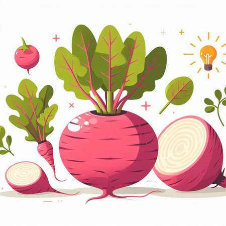Vector illustration of fresh beetroot with green leaves and light bulb.のイラスト素材