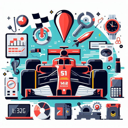 Vector illustration of a racing car in flat style with icons on the background.のイラスト素材