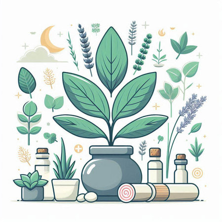 Vector illustration with herbs and plants in flat style. Alternative medicine.のイラスト素材