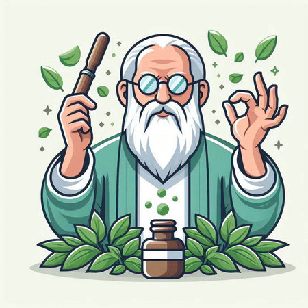 Cartoon vector illustration of an old man with a smoking pipe and a bottle of herbal medicine.のイラスト素材