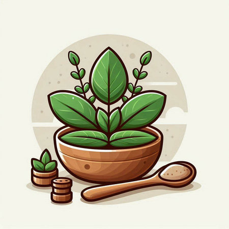 Illustration of a green plant in a bowl with coins and wooden spoonのイラスト素材