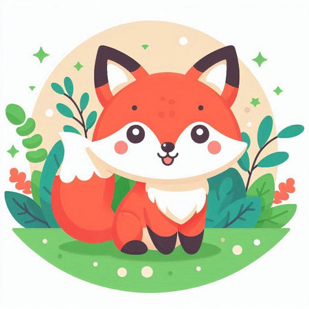 Cute cartoon fox character in the forest. Vector illustration in flat style.のイラスト素材