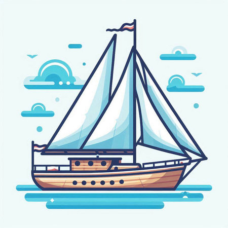 Sailing boat in the sea. Vector illustration in flat style.のイラスト素材