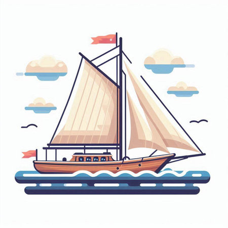 Sailing boat on the sea. Vector illustration in flat style.のイラスト素材