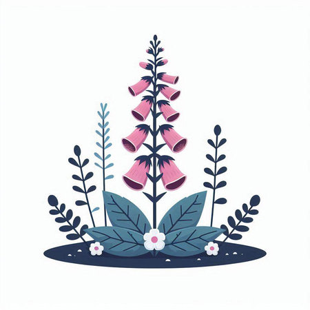 Vector illustration of a foxglove flower with leaves and flowers.のイラスト素材