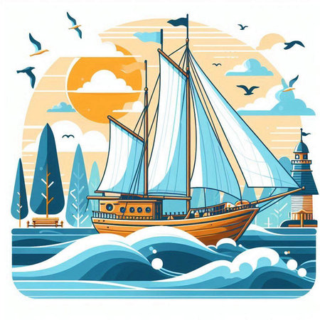 Sailing ship on the background of the city. Vector illustration.のイラスト素材