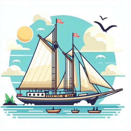 Sailing ship in the sea. Vector illustration in flat style.のイラスト素材