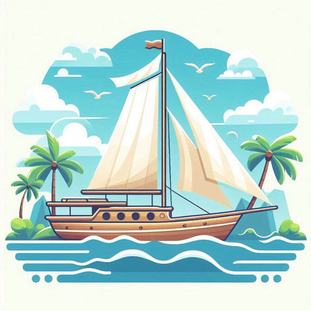Sailing boat on the ocean. Vector illustration in retro style.のイラスト素材