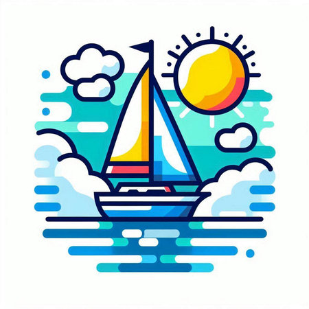 Yacht in the ocean. Vector illustration in flat linear style.のイラスト素材