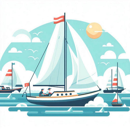 Sailing boat on the sea. Vector illustration, flat style.のイラスト素材